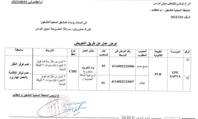 عرض عمل بمؤسسة epe sapta سوق أهراس