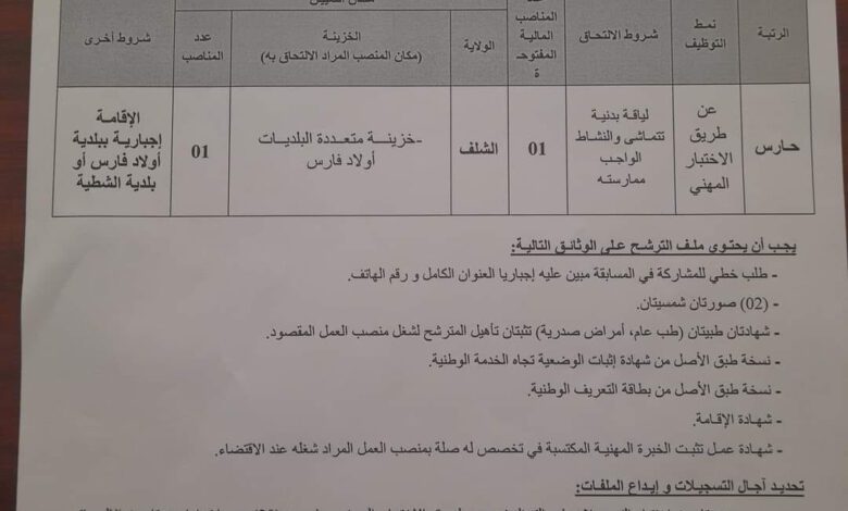 اعلان توظيف بالمديرية الجهوية للخزينة بالشلف