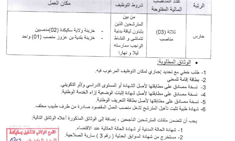 اعلان توظيف بمديرية الجهوية للخزينة قسنطينة (سكيكدة)