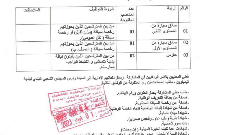 اعلان توظيف ببلدية تيمياوين ولاية برج باجي مختار