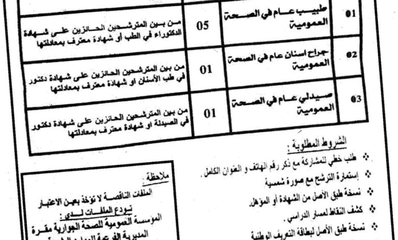 اعلان توظيف بالمؤسسة العمومية للصحة الجوارية مقرة المسيلة