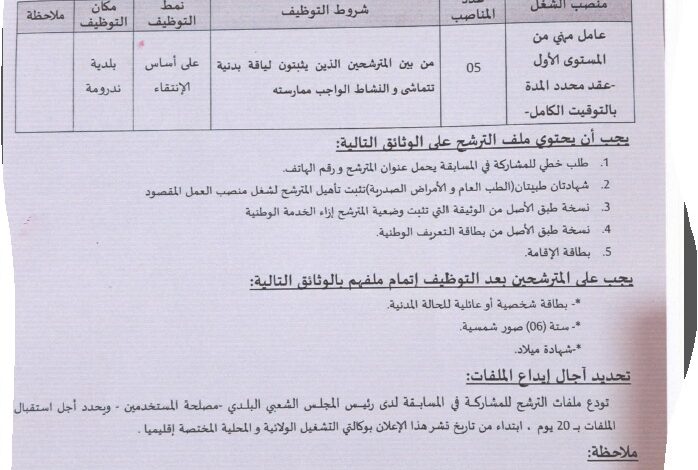 اعلان توظيف ببلدية ندرومة ولاية تلمسان