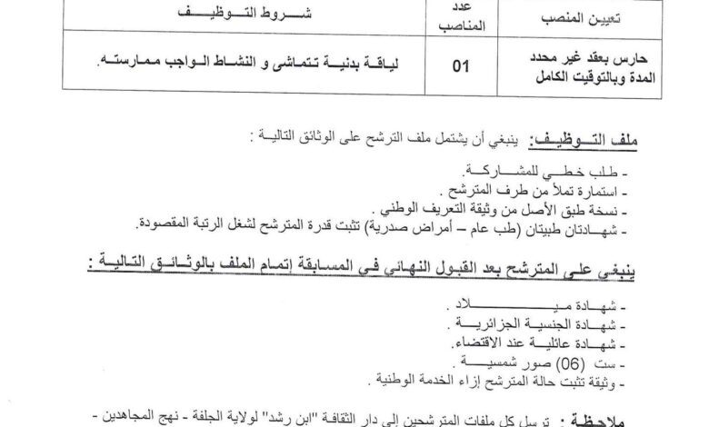 اعلان توظيف بدار الثقافة ابن رشد لولاية الجلفة