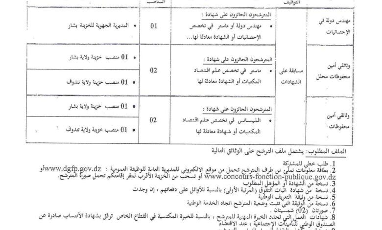 اعلان توظيف بمديرية الجهوية للخزينة بشار ولايات بشار وتندوف