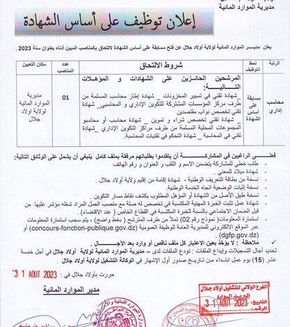اعلان توظيف بمديرية الموارد المائية لولاية أولاد جلال