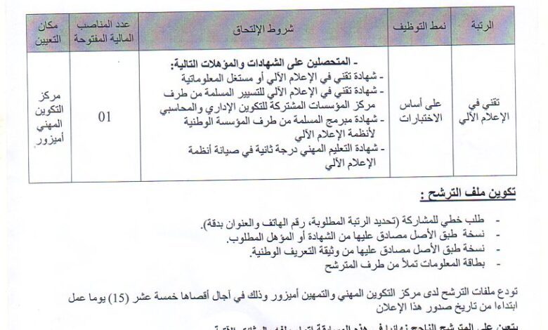 اعلان توظيف بمركز التكوين المهني والتمهين عبد القادر أميزور بجاية
