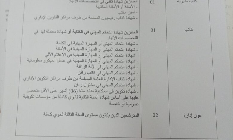 اعلان توظيف بالمعهد الوطني المتخصص في التكوين المهني العقيد حدو بوحجر عثمان القبة