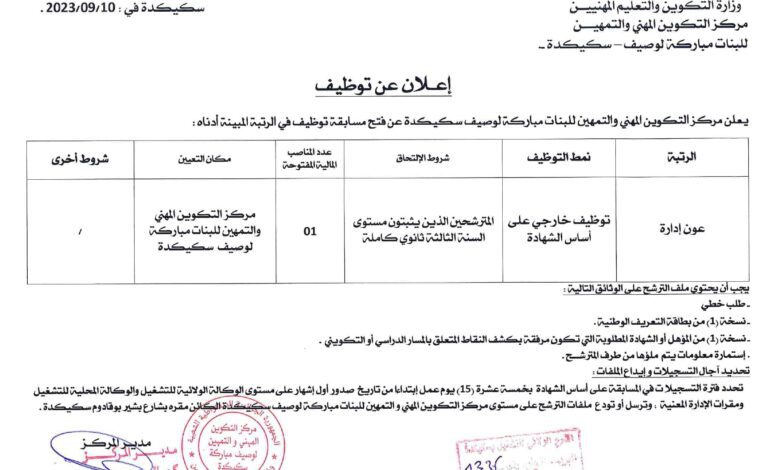 اعلان توظيف بمركز التكوين المهني والتمهين للبنات مباركة لوصيف سكيكدة