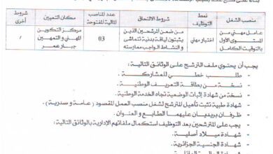 اعلان توظيف بمركز التكوين المهني والتمهين جبار عمر سوق أهراس