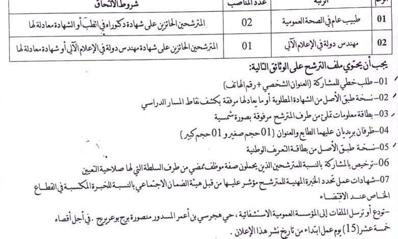 اعلان توظيف بالمؤسسة العمومية الاستشفائية المنصورة برج بوعريريج