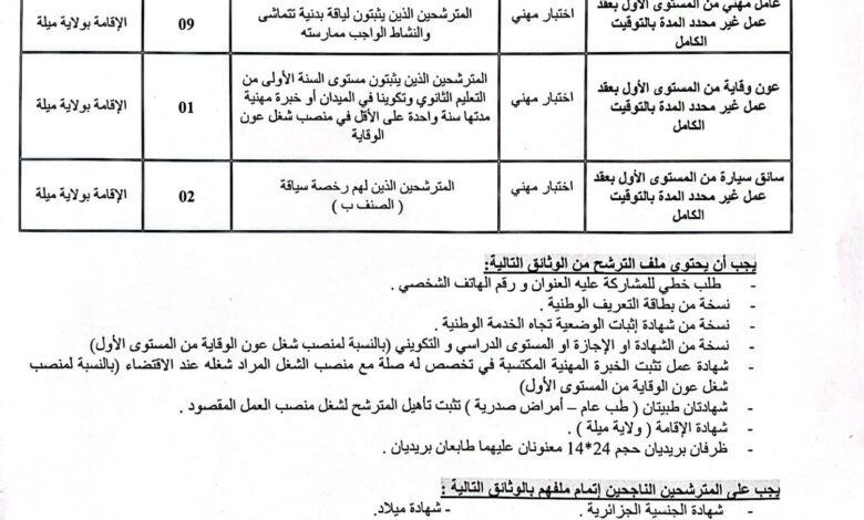 اعلان توظيف بمعهد التكوين شبه الطبي المجاهد بلعريمة محمد الصالح ميلة