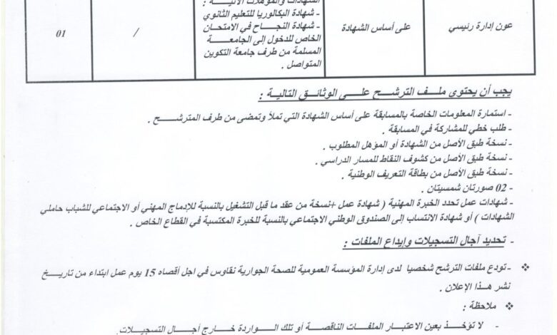 اعلان توظيف بالمؤسسة العمومية للصحة الجوارية نقاوس باتنة