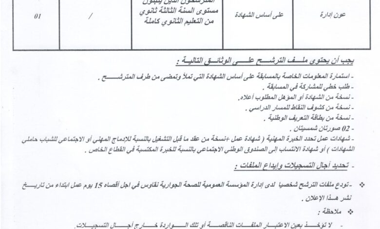 اعلان توظيف بالمؤسسة العمومية للصحة الجوارية نقاوس باتنة