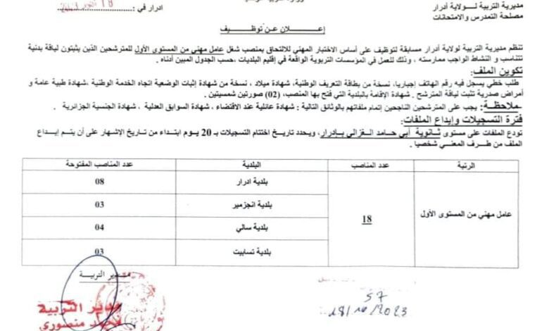 اعلان توظيف بمديرية التربية لولاية أدرار