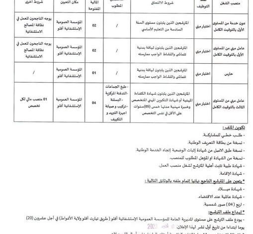 اعلان توظيف بالمؤسسة العمومية الاستشفائية بأفلو الأغواط