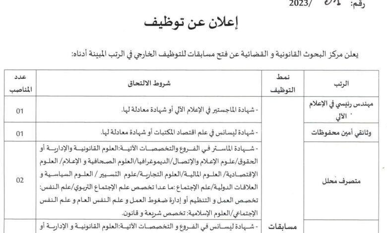 اعلان فتح مسابقة توظيف بمركز البحوث القانونية والقضائية