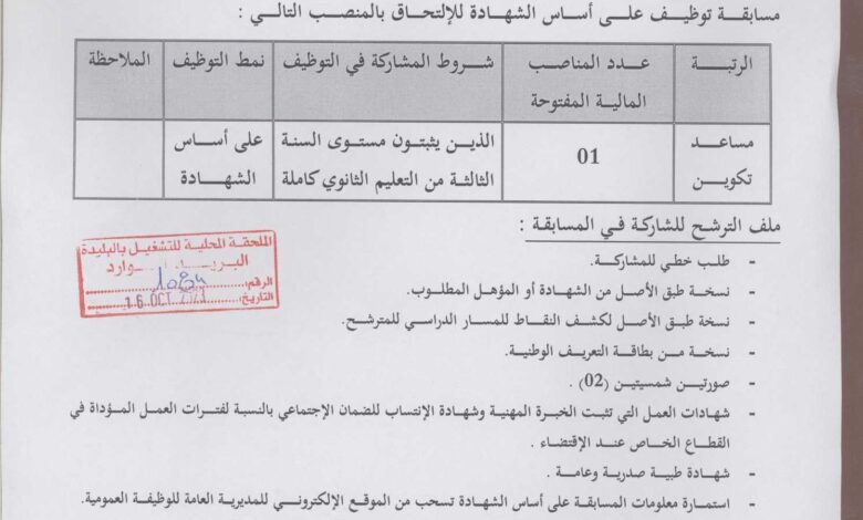 اعلان توظيف بالمعهد الوطني المتخصص في التكوين المهني للتسيير بالبليدة