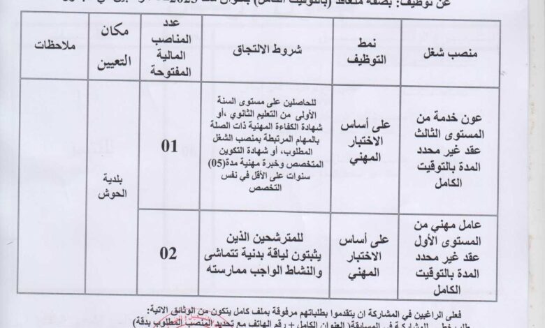 اعلان توظيف ببلدية الحوش ولاية بسكرة