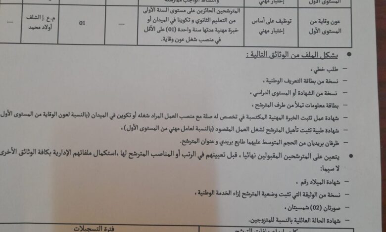 اعلان توظيف بالمؤسسة العمومية الاستشفائية الشلف أولاد محمد