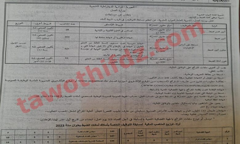 اعلان مسابقة توظيف وطنية بوزارة العدل للأسلاك أمناء الضبط وأعوان ضبط