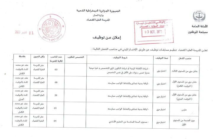اعلان مسابقة توظيف بمدرسة العليا للقضاء