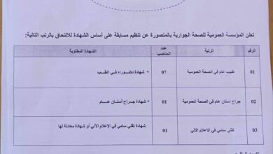 اعلان توظيف بالمؤسسة العمومية للصحة الجوارية منصورة برج بوعريرج