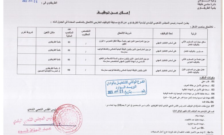 اعلان توظيف ببلدية الطريفاوي ولاية الوادي