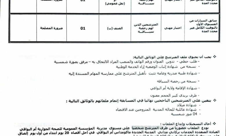 اعلان توظيف بالمؤسسة العمومية للصحة الجوارية ام البواقي