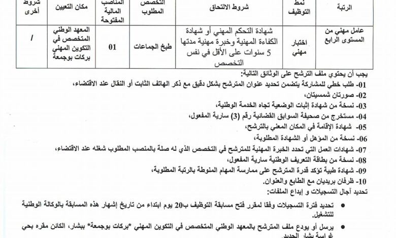 اعلان توظيف بالمعهد الوطني المتخصص في التكوين المهني وبلدية عرق فراج ولاية بشار