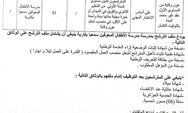 اعلان توظيف بمدرسة الأطفال المعوقين سمعيا بكارية لولاية تبسة