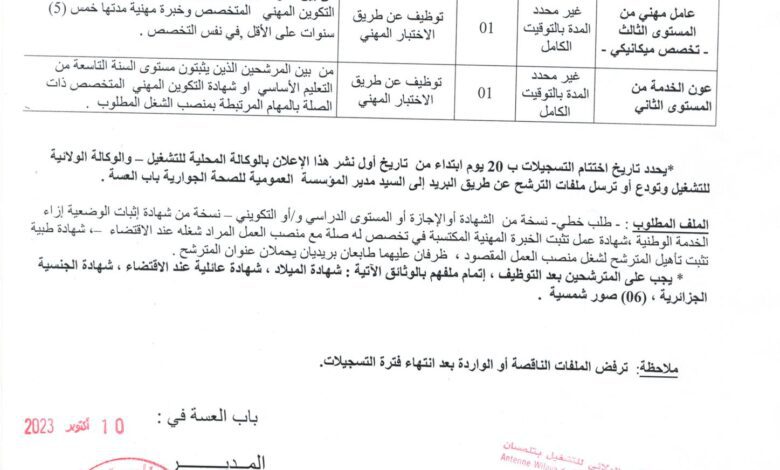 اعلان توظيف بالمؤسسة العمومية للصحة الجوارية مغنية وباب العسة تلمسان
