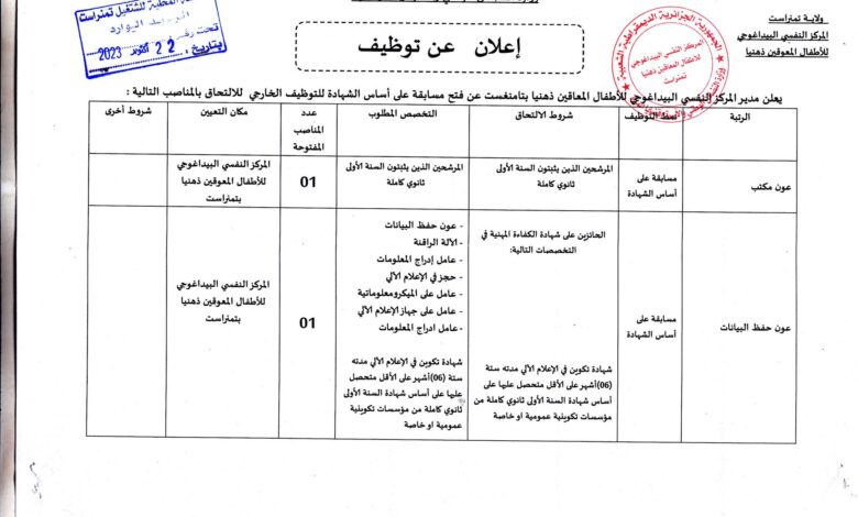 اعلان توظيف بالمركز النفسي البيداغوجي للأطفال المعاقين ذهنيا بتمنراست