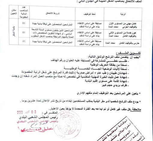 اعلان توظيف ببلدية المنقر ولاية توقرت
