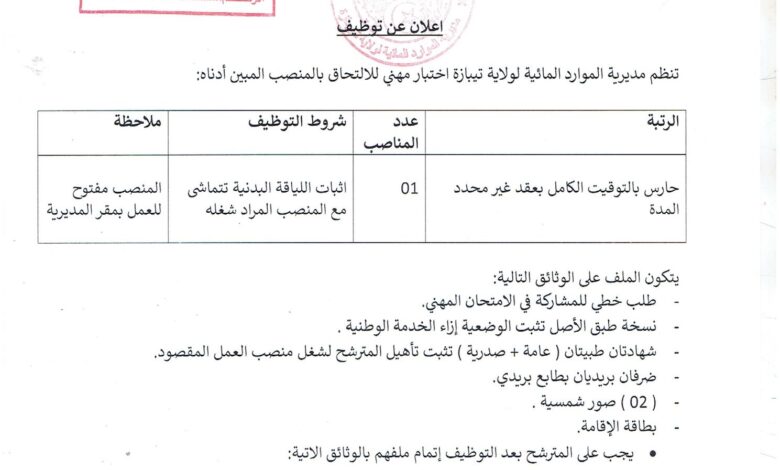 اعلان توظيف بمديرية الموارد المائية لولاية تيبازة