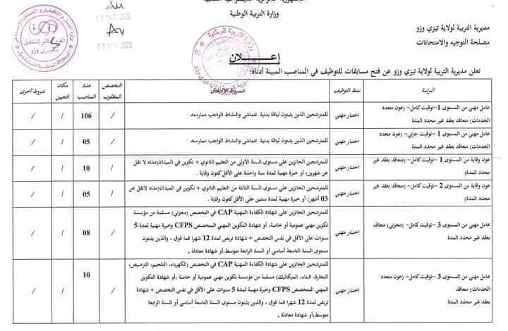 اعلان توظيف بمديرية التربية لولاية تيزي وزو 173 منصب