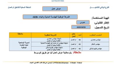 عرض عمل بالشركة الوطنية للهندسة المدنية والبناء GCB أم العسل