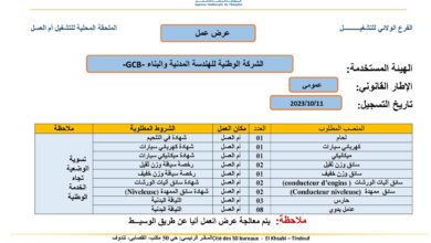عرض عمل بالشركة الوطنية للهندسة المدنية والبناء GCB تندوف