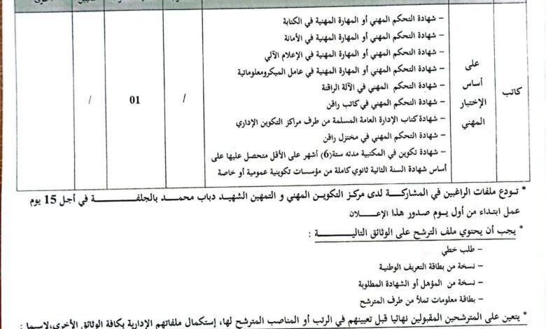 اعلان توظيف بمركز التكوين المهني والتمهين اناث الشهيد دباب محمد بالجلفة