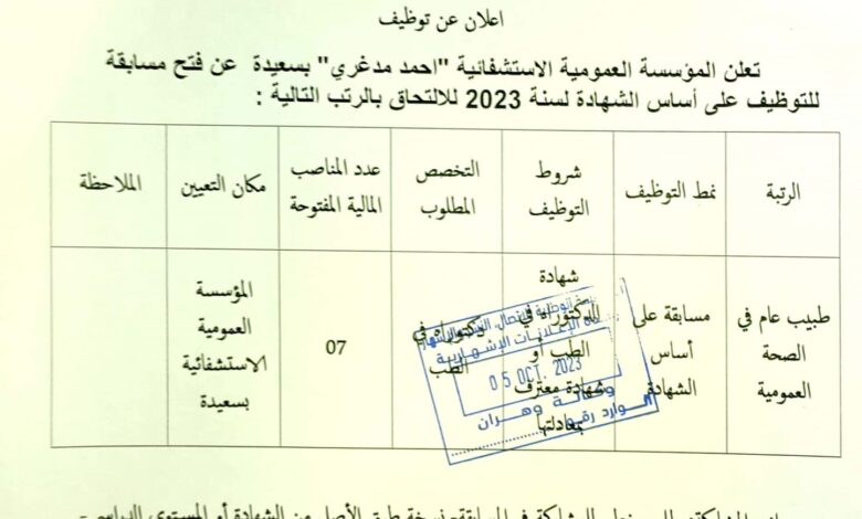 اعلان توظيف بالمؤسسة العمومية الاستشفائية بسعيدة