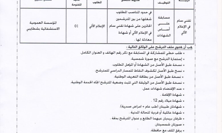 اعلان توظيف بالمؤسسة العمومية الاستشفائية شطايبي عنابة