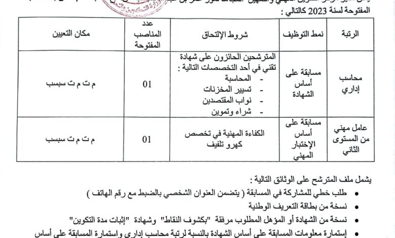 اعلان توظيف بمركز التكوين المهني والتمهين المجاهد لعور بن عبد االله غرداية