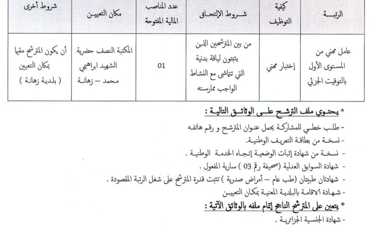 اعلان توظيف المكتبة الرئيسية للمطالعة العمومية لولاية معسكر