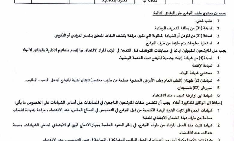 اعلان توظيف بالمؤسسة العمومية للصحة الجوارية نقرين تبسة