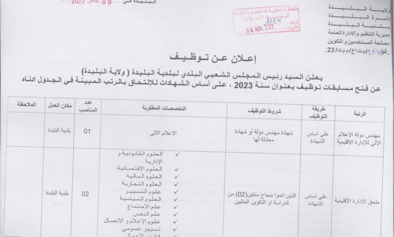 اعلان توظيف ببلدية البليدة