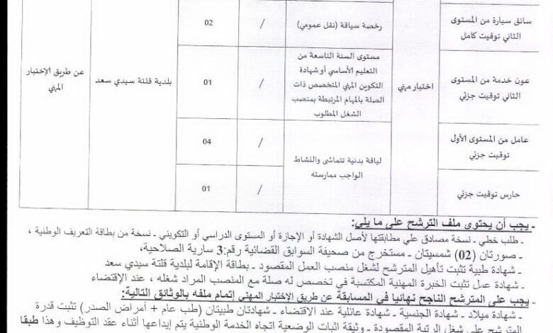 اعلان توظيف ببلدية قلتة سيدي سعد الأغواط
