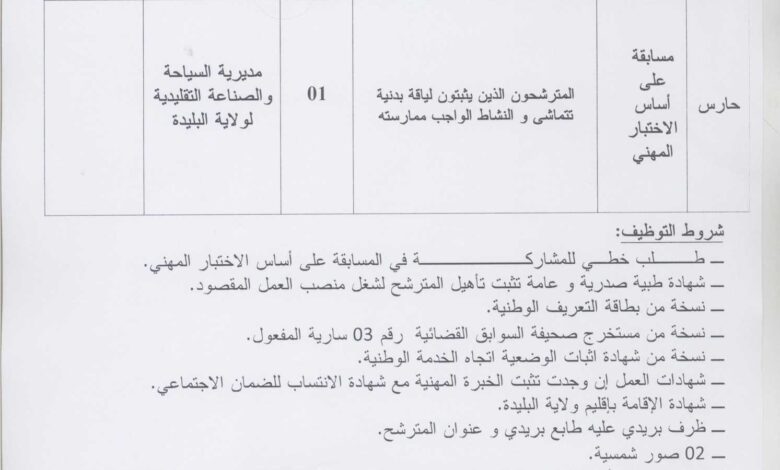اعلان توظيف بمديرية السياحة والصناعة التقليدية لولاية البليدة