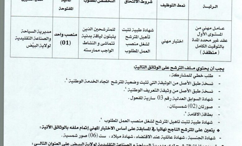 اعلان توظيف بمديرية السياحة لولاية البيض