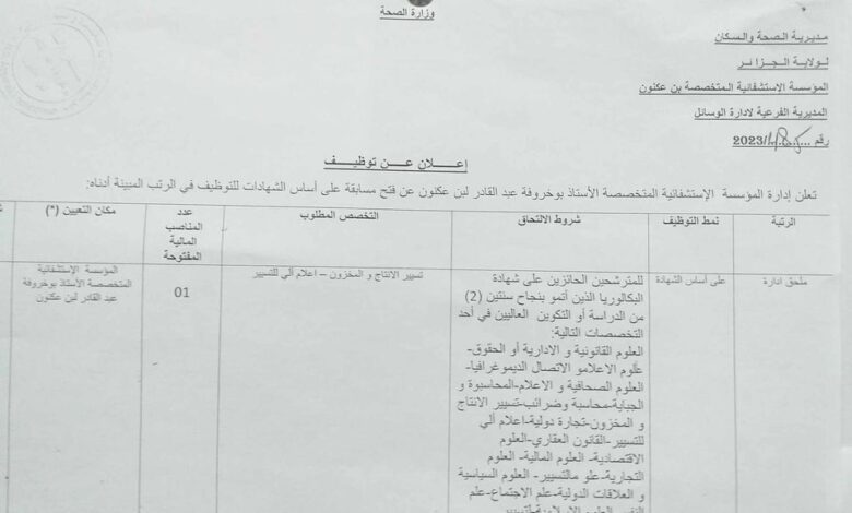 اعلان توظيف بالمؤسسة الإستشفائية المتخصصة بن عكنون الجزائر العاصمة