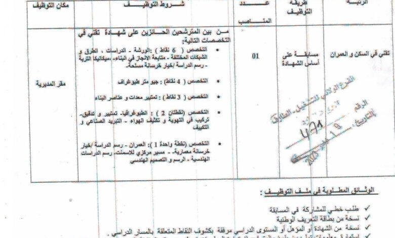 اعلان توظيف بمديرية التجهيزات العمومية لولاية الطارف