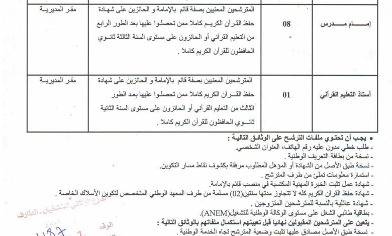 اعلان توظيف بمديرية الشؤون الدينية والاوقاف بالطارف